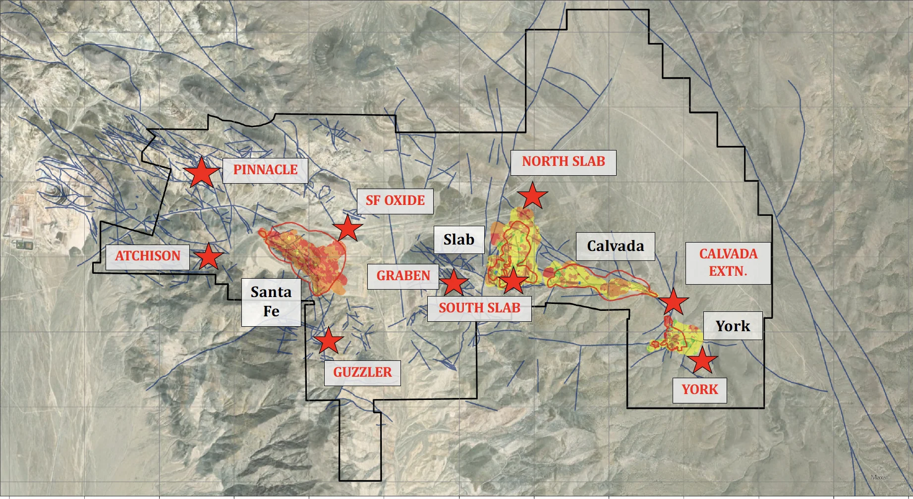 Exploration targets around Santa Fe, Slab, Calvada, York and Pinnacle
