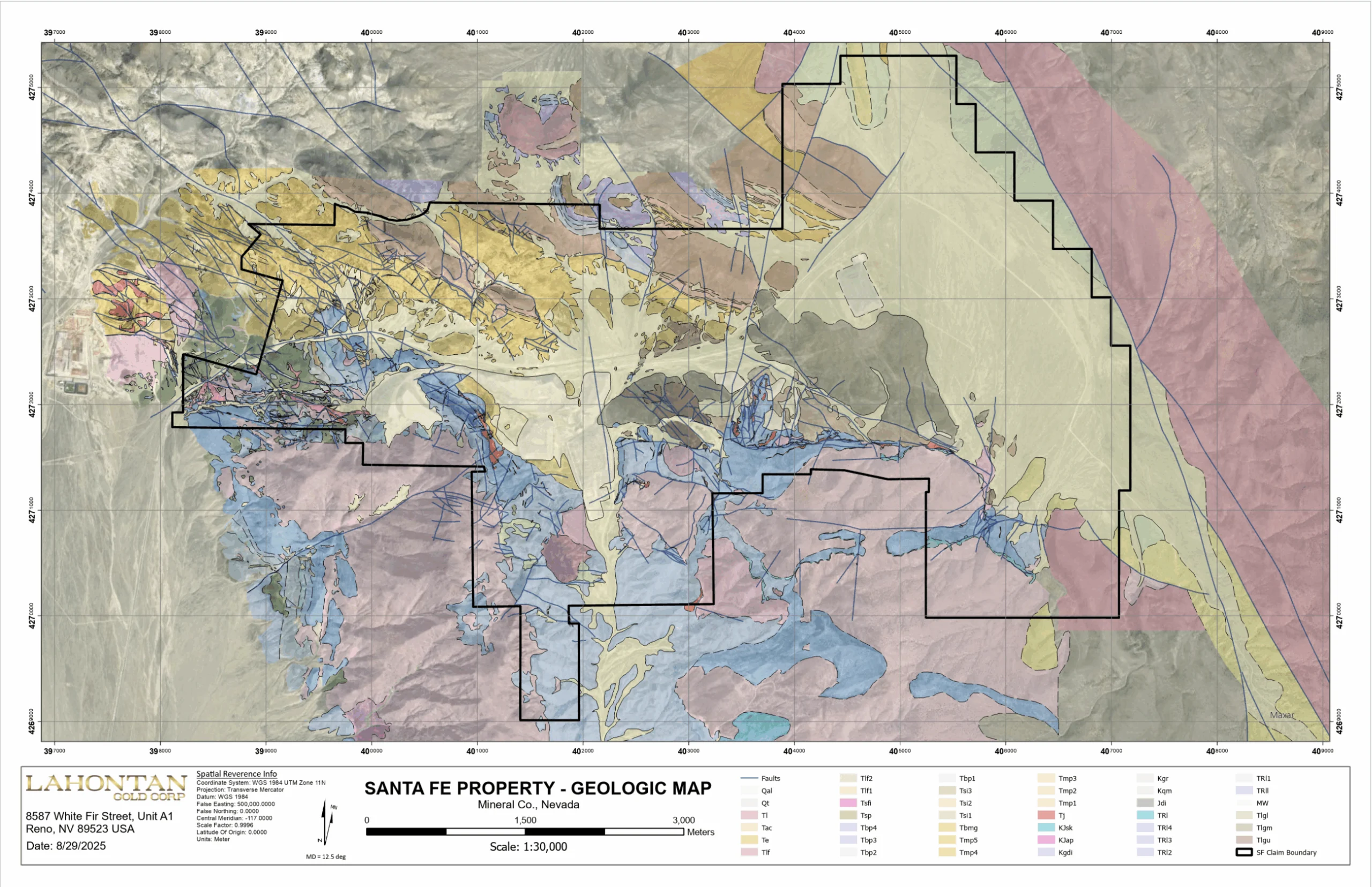 Santa Fe geologic map showing rock units, faults and the mapped property boundary
