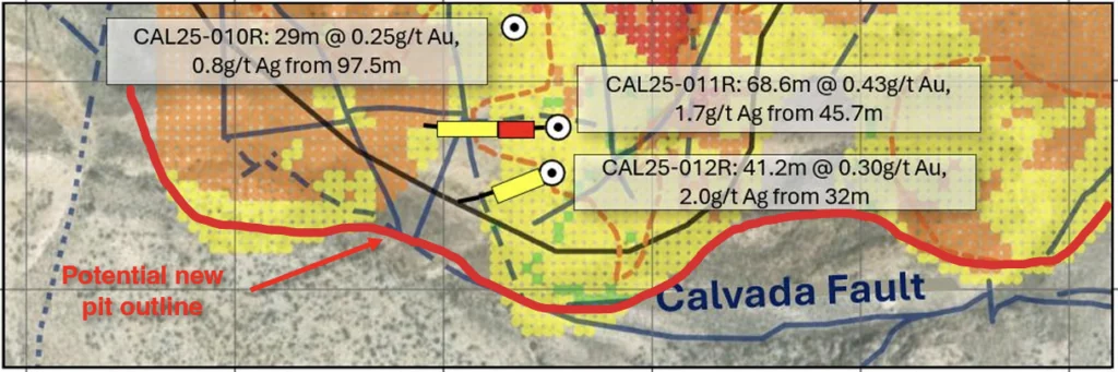 South Slab plan showing CAL25 drill holes, the Calvada Fault and a potential pit outline