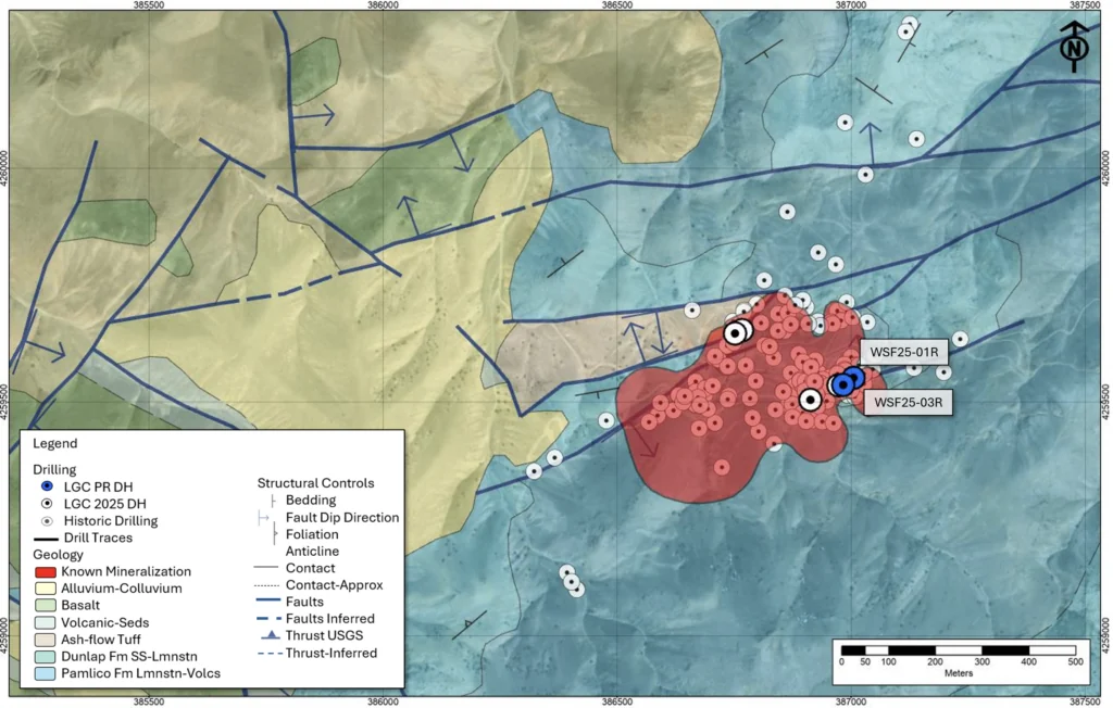 West Santa Fe drill location map highlighting WSF25-01R and WSF25-03R over geology and historical mineralization