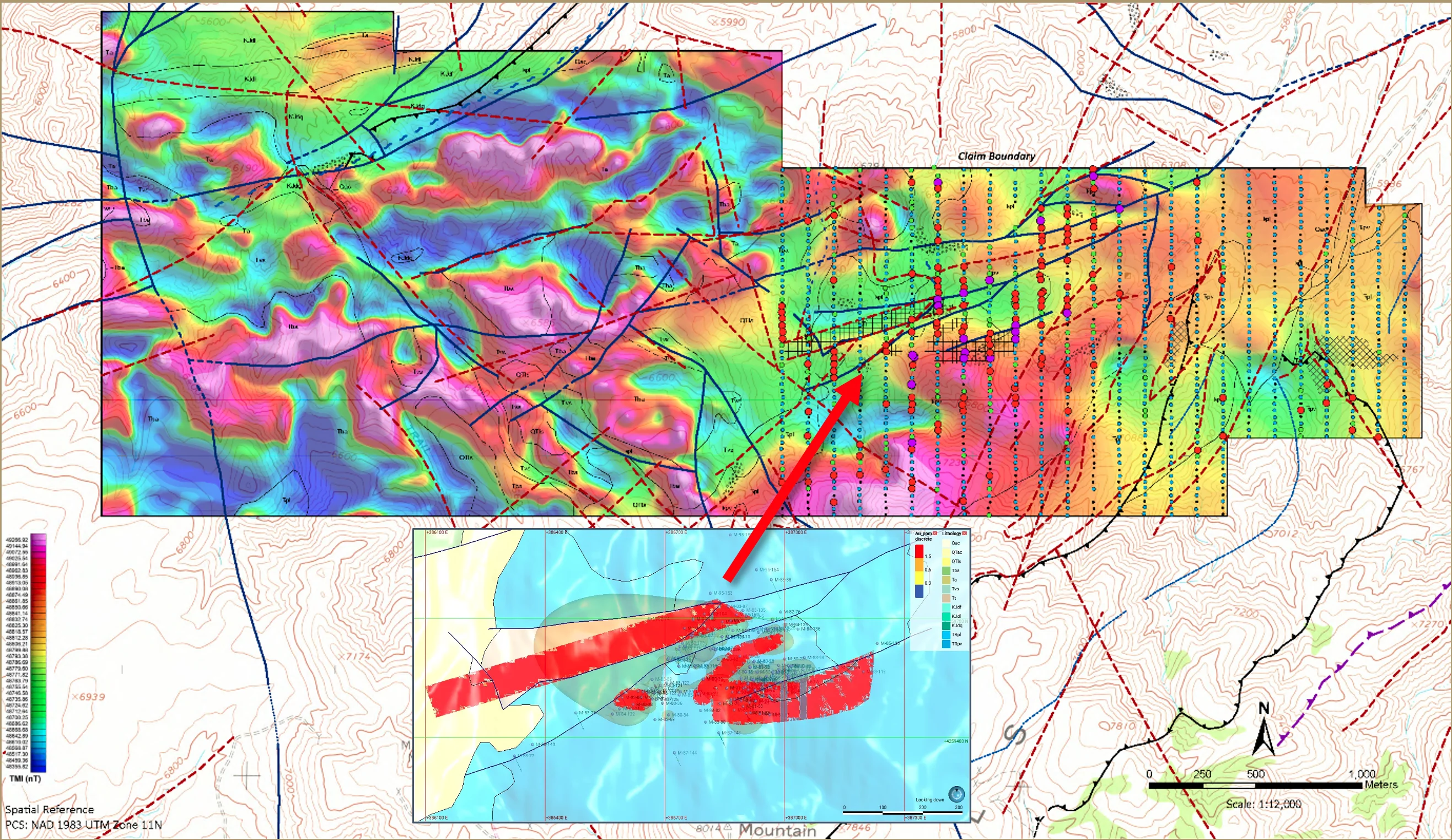 West Santa Fe exploration map with magnetic survey colours, faults, sampling and an inset historical drill model