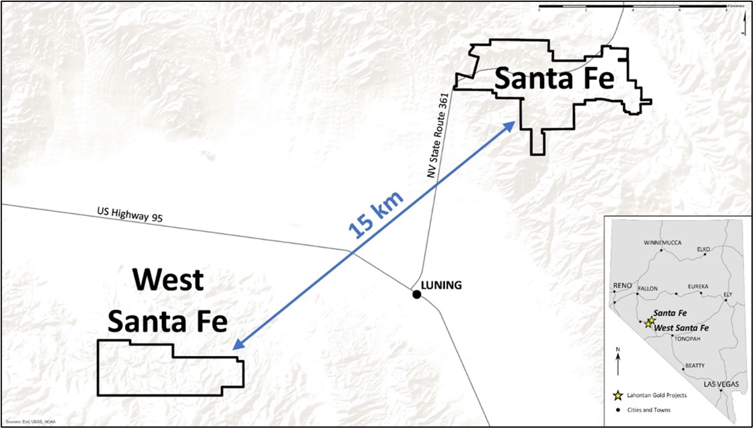 Regional map showing West Santa Fe about 15 kilometres from Santa Fe, with Luning and major highways