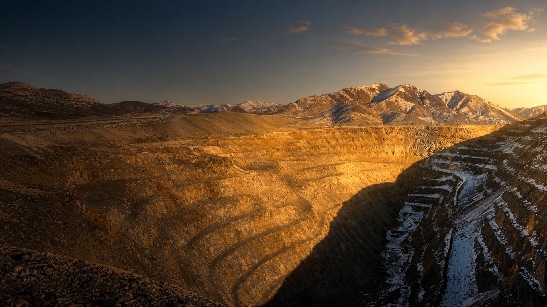 Santa Fe open pit and Nevada mountains at sunset