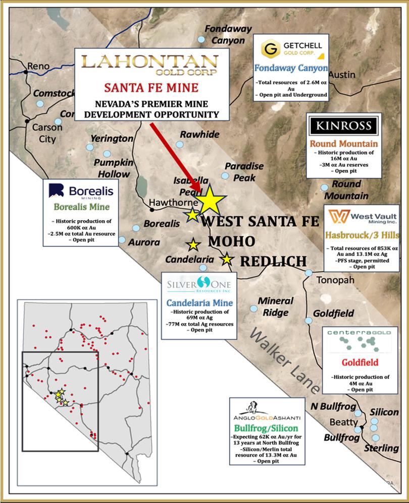 Regional Nevada map showing Lahontan Gold's Santa Fe Mine, West Santa Fe, Moho and Redlich projects within the Walker Lane and nearby mines