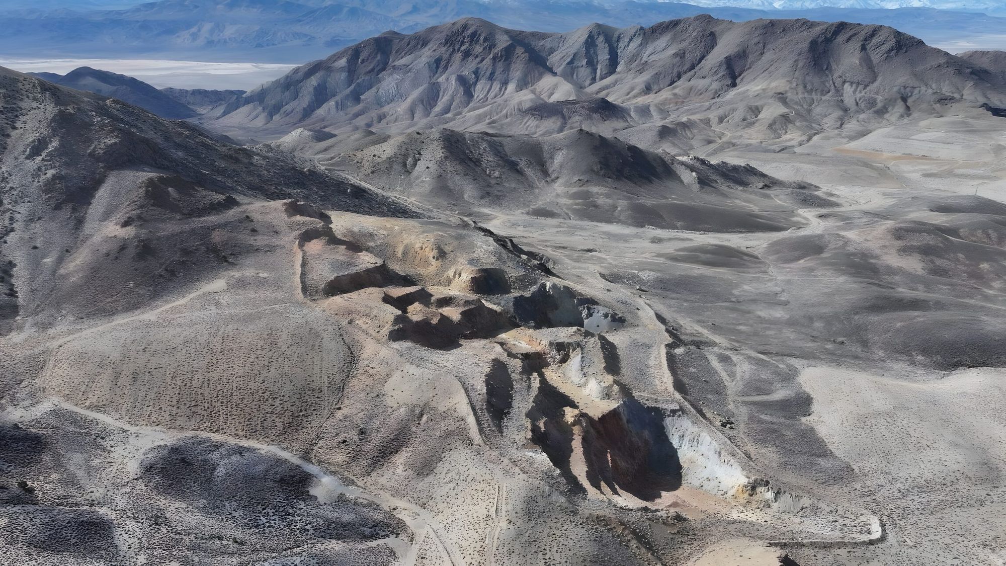 Aerial view of the historic Santa Fe open pits in Nevada